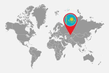 Dünya haritasında Kazakistan bayrağı olan pin haritası. Vektör illüstrasyonu.