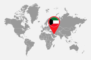 Dünya haritasında Kuveyt bayrağı olan pin haritası. Vektör illüstrasyonu.