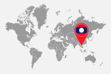 Dünya haritasında Laos bayrağı olan pin haritası. Vektör illüstrasyonu.