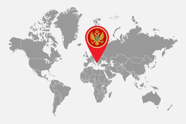 Mapa Pino Com Bandeira Montenegro Mapa Mundo Ilustração Vetorial — Vetor de Stock