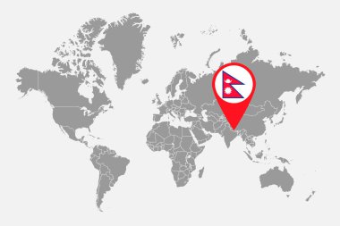 Dünya haritasında Nepal bayrağı olan iğne haritası. Vektör illüstrasyonu.