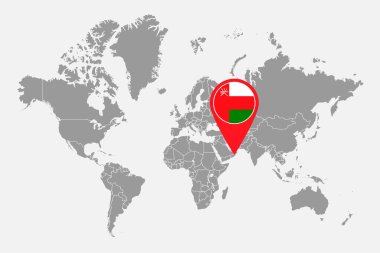 Dünya haritasında Umman bayrağı olan iğne haritası. Vektör illüstrasyonu.