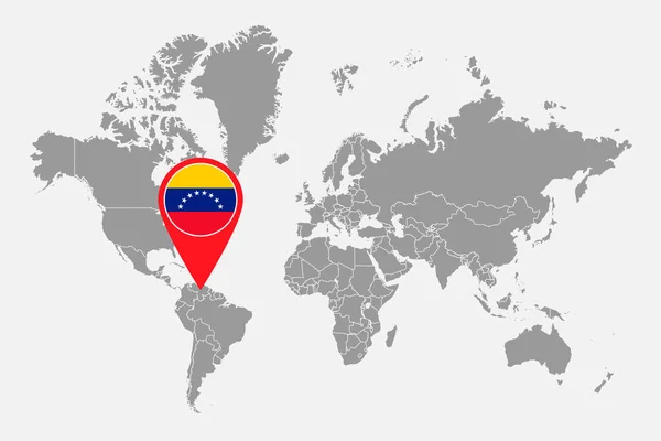 Mappa Pin Con Bandiera Venezuelana Sulla Mappa Del Mondo Illustrazione — Vettoriale Stock
