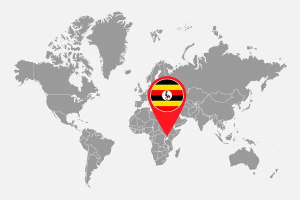 Dünya haritasında Uganda bayrağı olan pin haritası. Vektör illüstrasyonu.