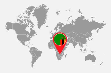 Dünya haritasında Zambiya bayrağı olan pin haritası. Vektör illüstrasyonu.