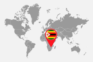 Dünya haritasında Zimbabwe bayrağı olan pin haritası. Vektör illüstrasyonu.