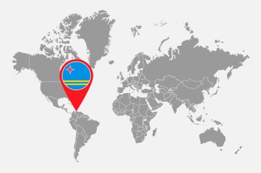 Dünya haritasında Aruba bayrağı olan pin haritası. Vektör illüstrasyonu.
