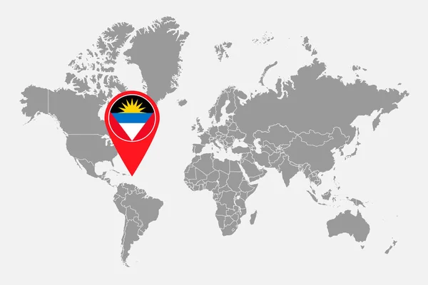 世界地図上でアンティグア バーブーダの旗とピンマップ ベクターイラスト — ストックベクタ