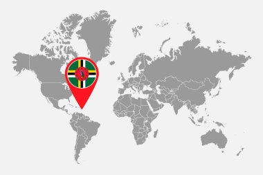 Dünya haritasında Dominica bayrağı olan pin haritası. Vektör illüstrasyonu.