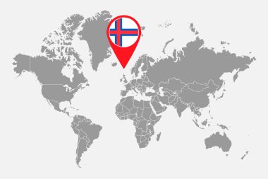 Dünya haritasında Faroe Adaları bayrağı olan pin haritası. Vektör illüstrasyonu.