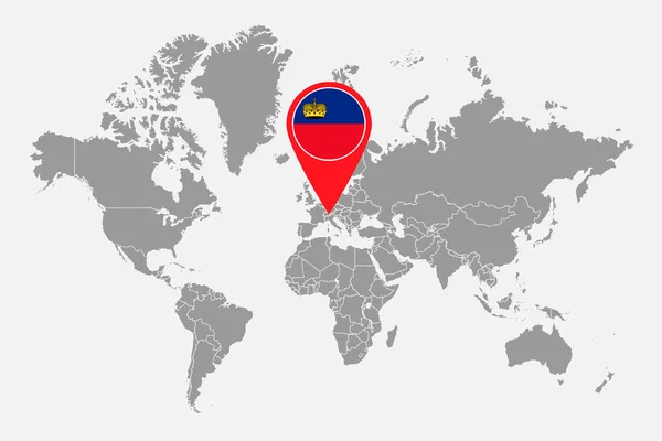 Mappa Pin Con Bandiera Liechtenstein Sulla Mappa Del Mondo Illustrazione — Vettoriale Stock