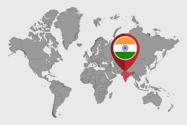 Pin Χάρτη Την Ινδία Σημαία Στον Παγκόσμιο Χάρτη Vector Εικονογράφηση — Διανυσματικό Αρχείο