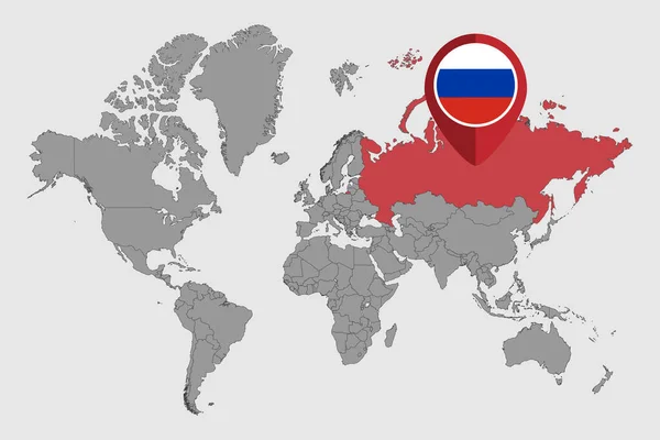 Pin Mapa Vlajkou Ruska Světové Mapě Vektorová Ilustrace — Stockový vektor