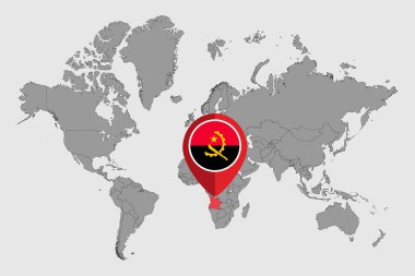 Dünya haritasında Angola bayrağı olan iğne haritası. Vektör illüstrasyonu.