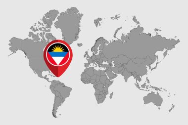 Dünya haritasında Antigua ve Barbuda bayrağı olan iğne haritası. Vektör illüstrasyonu.