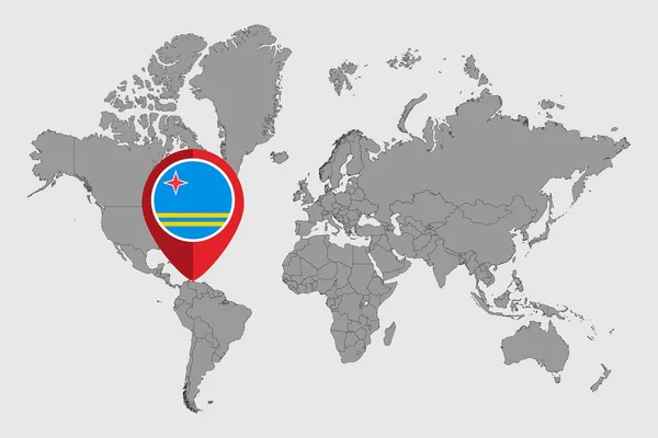 Carte Broches Avec Drapeau Aruba Sur Carte Monde Illustration Vectorielle — Image vectorielle