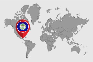 Dünya haritasında Belize bayrağı olan iğne haritası. Vektör illüstrasyonu.