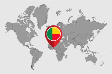 Dünya haritasında Benin bayrağı olan pin haritası. Vektör illüstrasyonu.