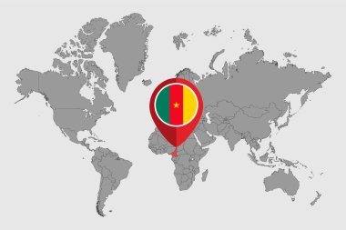 Dünya haritasında Kamerun bayrağı olan pin haritası. Vektör illüstrasyonu.