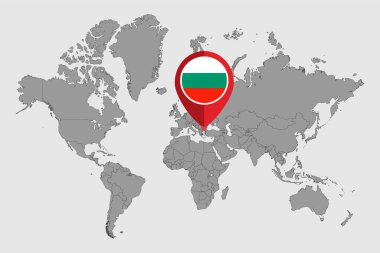 Dünya haritasında Bulgaristan 'ın bayrağıyla yer alan pin haritası. Vektör illüstrasyonu.