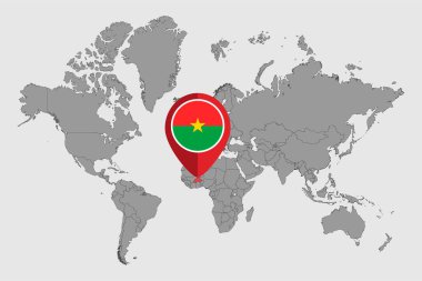 Dünya haritasında Burkina Faso bayrağı olan pin haritası. Vektör illüstrasyonu.