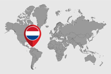 Dünya haritasında Karayip Hollanda bayrağı olan bir pin haritası. Vektör illüstrasyonu.