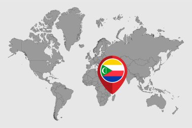 Dünya haritasında Komoros bayrağı olan iğne haritası. Vektör illüstrasyonu.