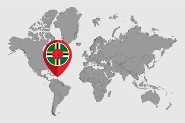 Dünya haritasında Dominica bayrağı olan pin haritası. Vektör illüstrasyonu.