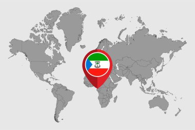 Dünya haritasında Ekvator Gine bayrağı olan iğne haritası. Vektör illüstrasyonu.