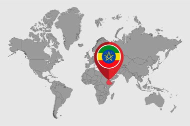 Dünya haritasında Etiyopya bayrağı olan iğne haritası. Vektör illüstrasyonu.