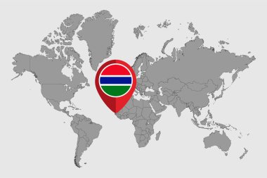 Dünya haritasında Gambiya bayrağı olan pin haritası. Vektör illüstrasyonu.