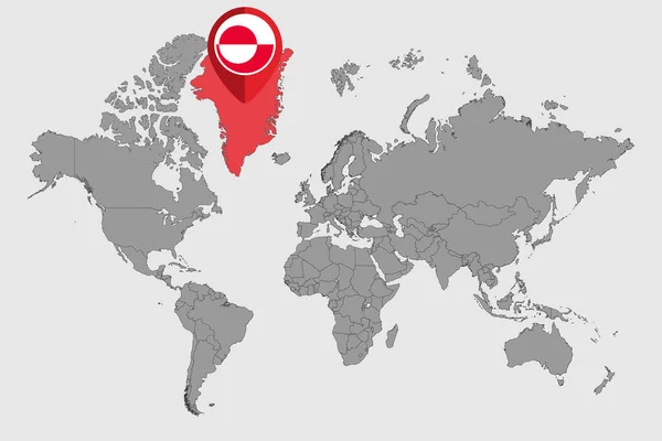 Mappa Pin Con Bandiera Della Groenlandia Sulla Mappa Del Mondo — Vettoriale Stock