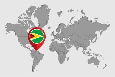 Dünya haritasında Guyana bayrağı olan pin haritası. Vektör illüstrasyonu.