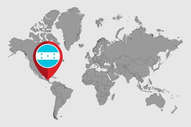 Dünya haritasında Honduras bayrağı olan pin haritası. Vektör illüstrasyonu.