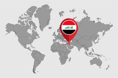 Dünya haritasında Irak bayrağı olan iğne haritası. Vektör illüstrasyonu.