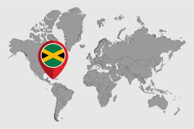 Dünya haritasında Jamaika bayrağı olan pin haritası. Vektör illüstrasyonu.