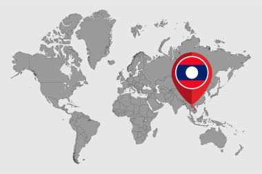 Dünya haritasında Laos bayrağı olan pin haritası. Vektör illüstrasyonu.