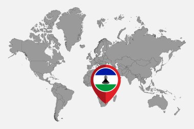 Dünya haritasında Lesotho bayrağı olan pin haritası. Vektör illüstrasyonu.