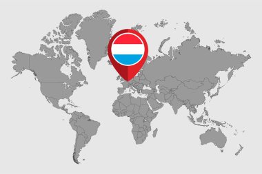 Dünya haritasında Lüksemburg bayrağı olan pin haritası. Vektör illüstrasyonu.