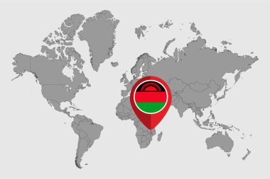 Dünya haritasında Malawi bayrağı olan pin haritası. Vektör illüstrasyonu.