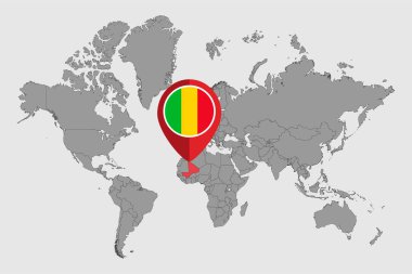 Dünya haritasında Mali bayrağı olan pin haritası. Vektör illüstrasyonu.