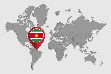 Dünya haritasında Surinam bayrağı olan pin haritası. Vektör illüstrasyonu.