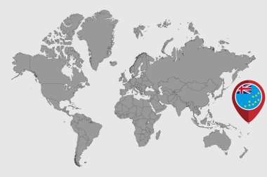 Dünya haritasında Tuvalu bayrağı olan pin haritası. Vektör illüstrasyonu.