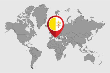 Dünya haritasında Vatikan bayrağıyla birlikte pin haritası. Vektör illüstrasyonu.