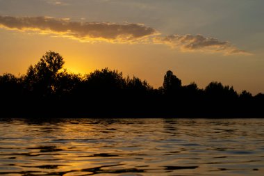 Atmospheric sunset behind trees and reflection in water.