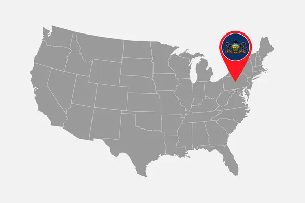 ペンシルベニア州の旗を持つ地図ポインタ ベクターイラスト — ストックベクタ