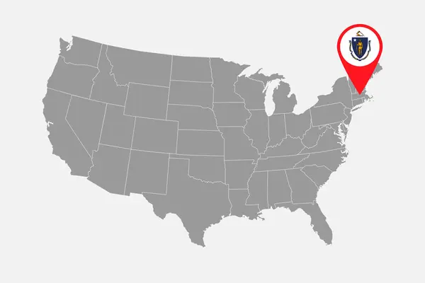 マサチューセッツ州の旗で地図ポインタ ベクターイラスト — ストックベクタ
