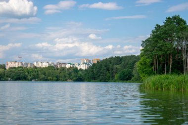 Nehirli yeşil bir yaz ormanı olan Zhytomyr 'in Panoraması.