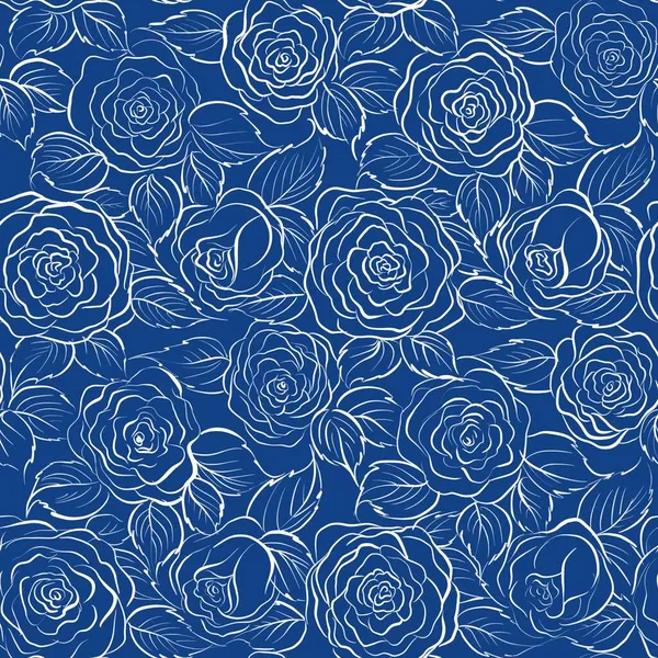 Rose Flowers Linear Pattern Seamless Pattern Blue Background — Stock Photo, Image