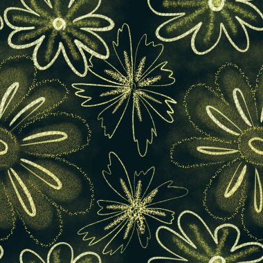 Yabani çiçekler, doğrusal desen koyu yeşil arka planda kusursuz desen